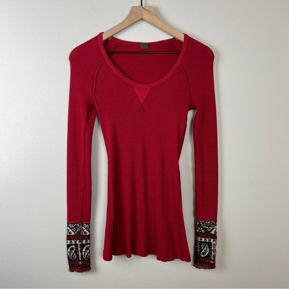 We the Free People Red Long Sleeve Thermal Shirt Studded Cuffs - Picture 2 of 5